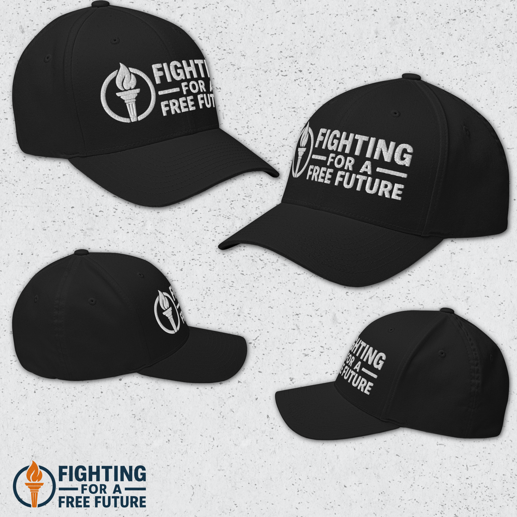 Black baseball caps with 'Fighting for a Free Future' text and logo on a textured gray background.