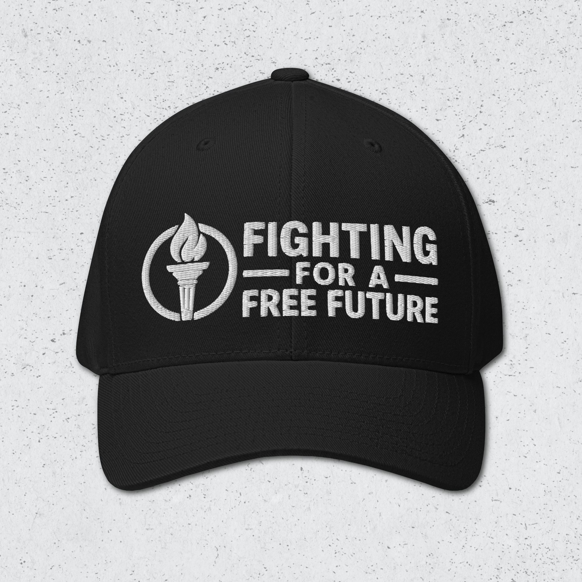 A front view of a black cap with 'Fighting for a Free Future' text and logo on a light gray background