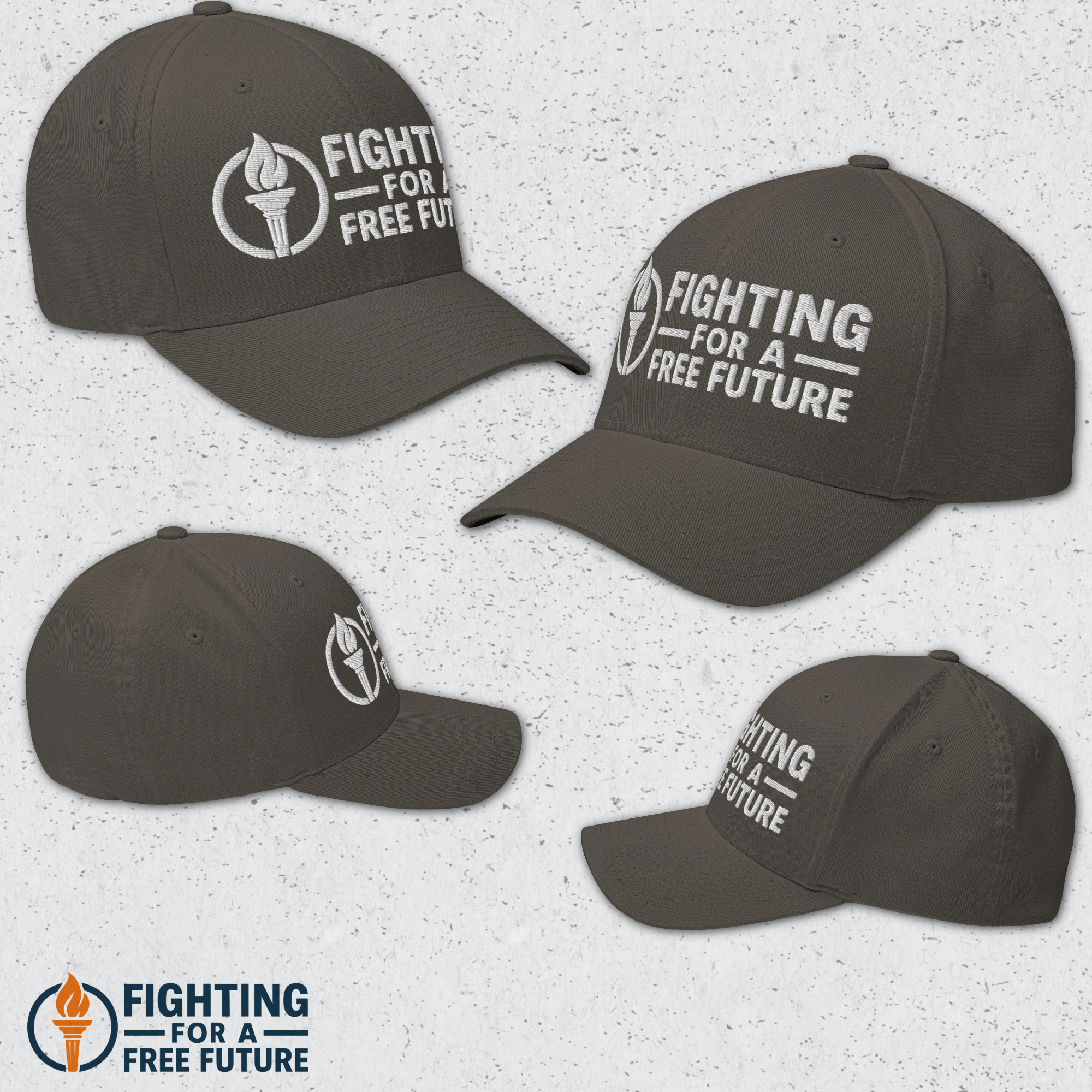Four dark gray hats with 'Fighting for a Free Future' text and logo on a light gray background.