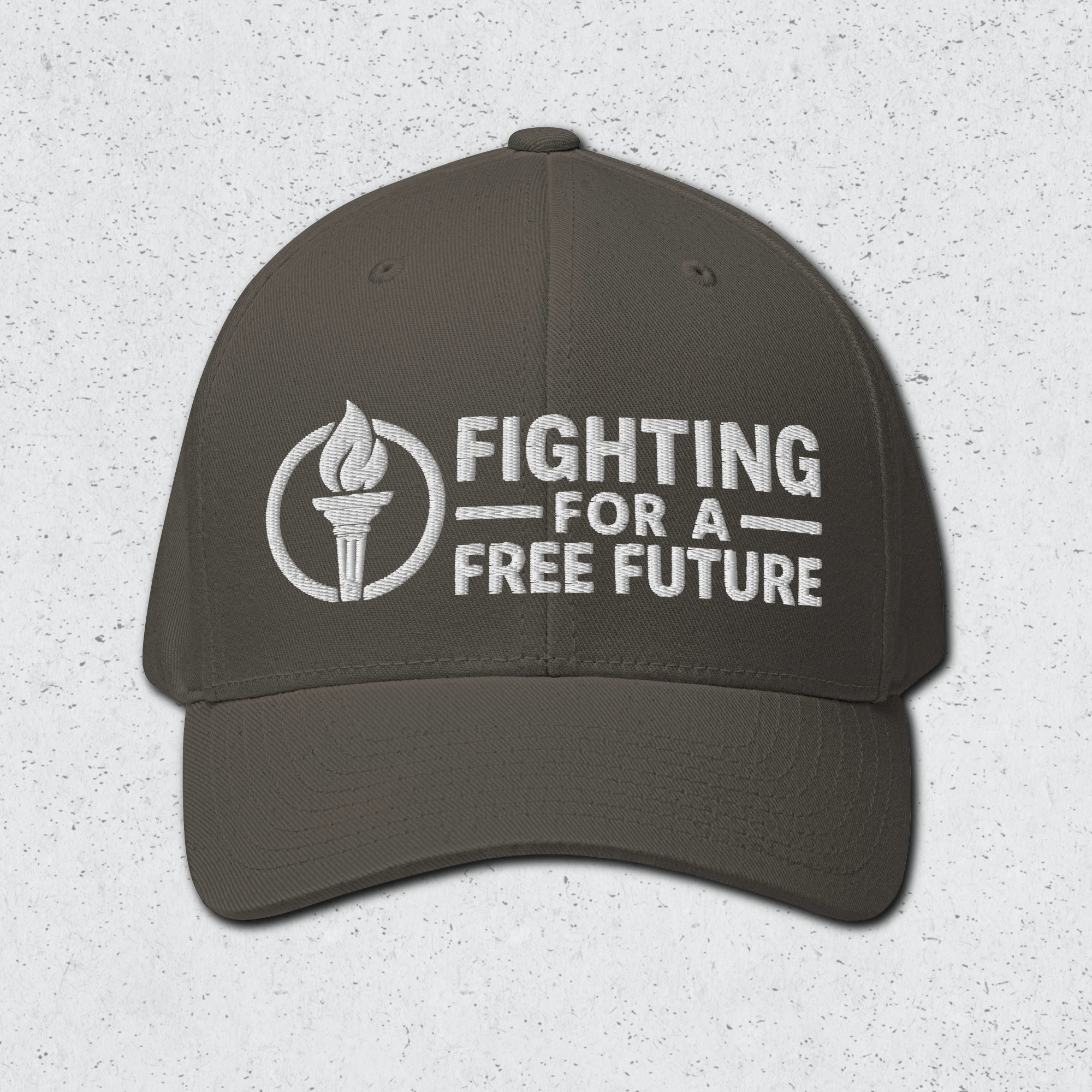 A front view of a dark grey cap with 'Fighting for a Free Future' text and logo on a light gray background