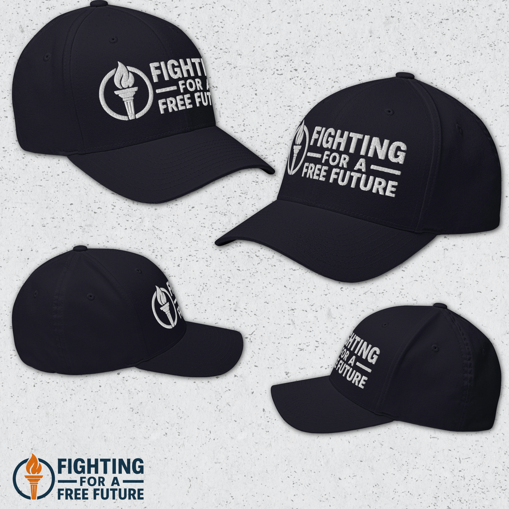 Four black baseball caps with 'Fighting for a Free Future' text and logo on a light gray background.
