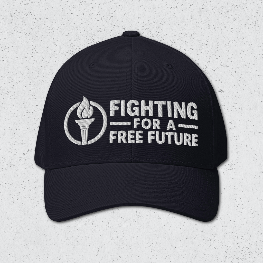 A front view of a dark navy cap with 'Fighting for a Free Future' text and logo on a light gray background
