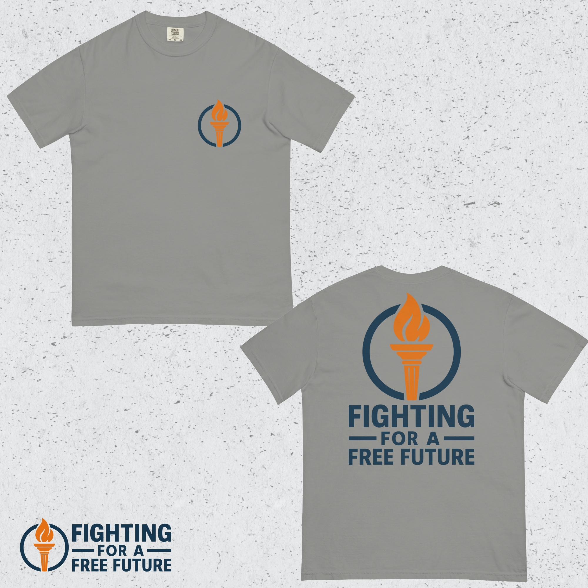 A front and back view of the grey FFF-branded Tshirt.