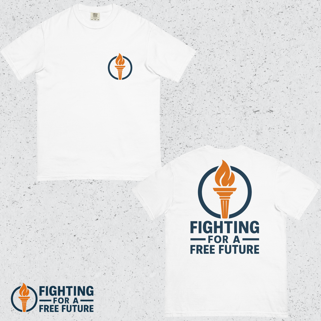 A front and back view of the white FFF-branded tshirt on a grey background.