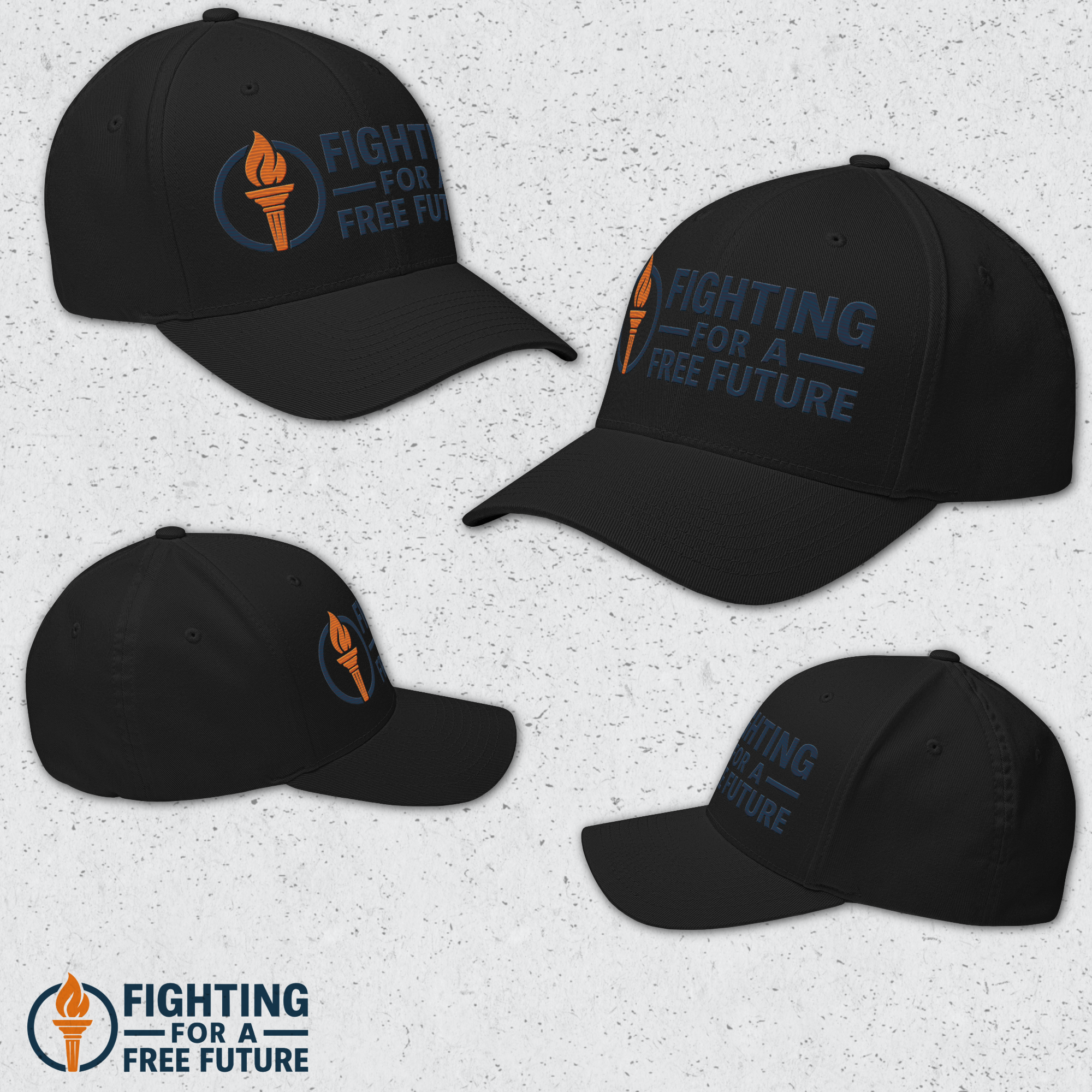 Black baseball caps with 'Fighting for a Free Future' text and logo on a textured gray background.