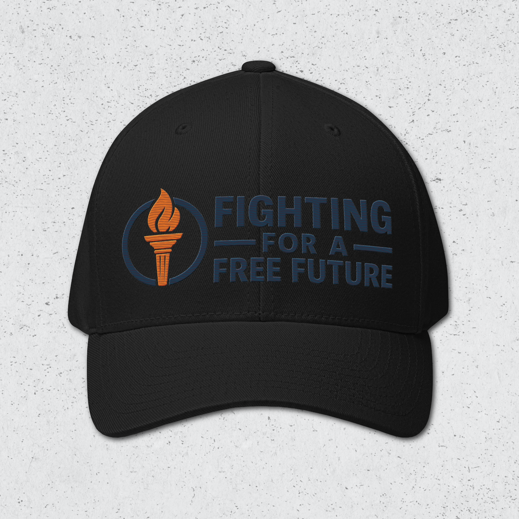 Black cap with 'Fighting for a Free Future' text and torch graphic on a textured gray background