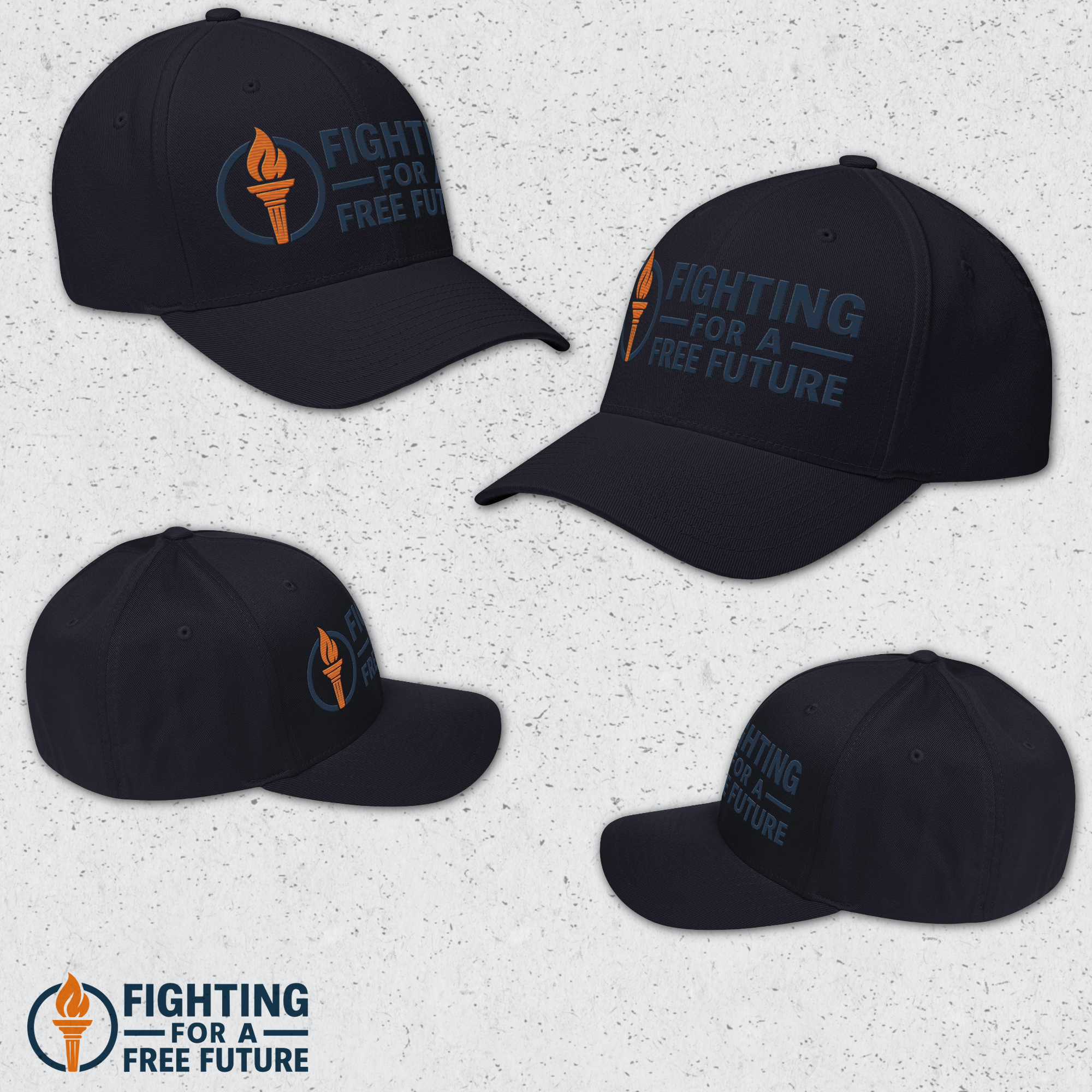 Four black baseball caps with 'Fighting for a Free Future' text and logo on a textured gray background.