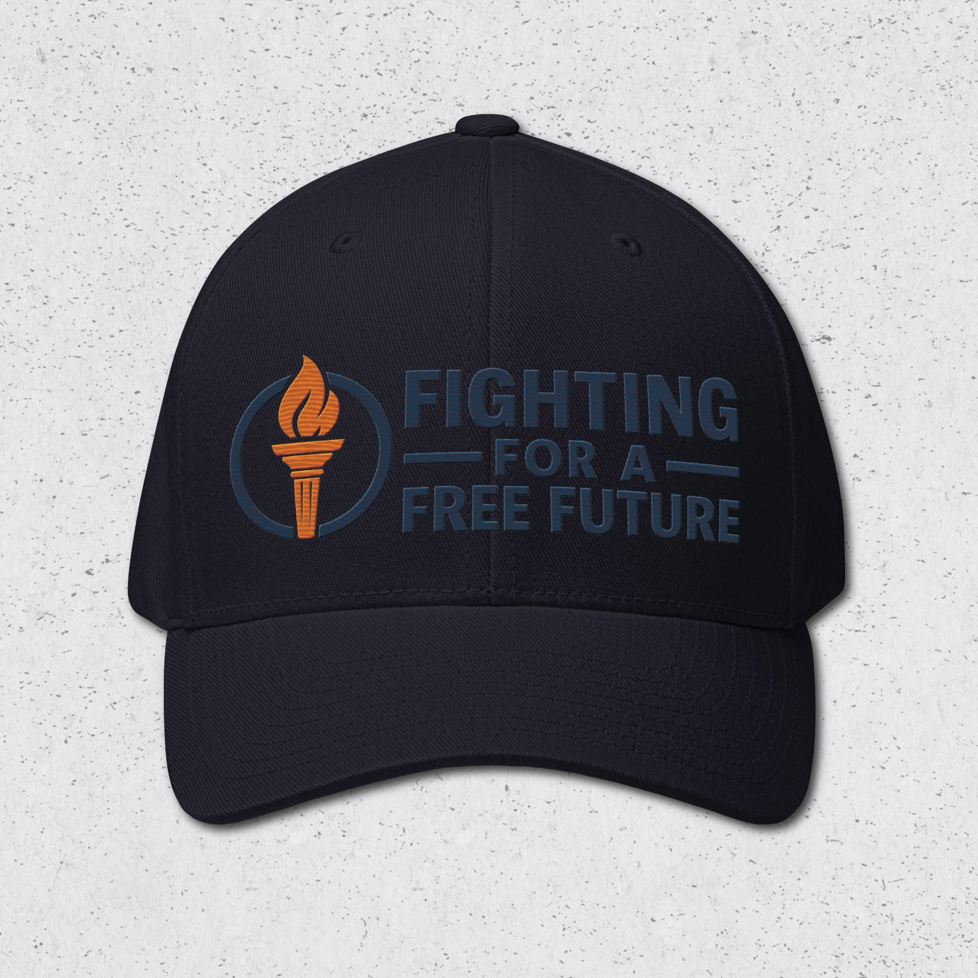 Black cap with 'Fighting for a Free Future' text and torch graphic on a textured gray background
