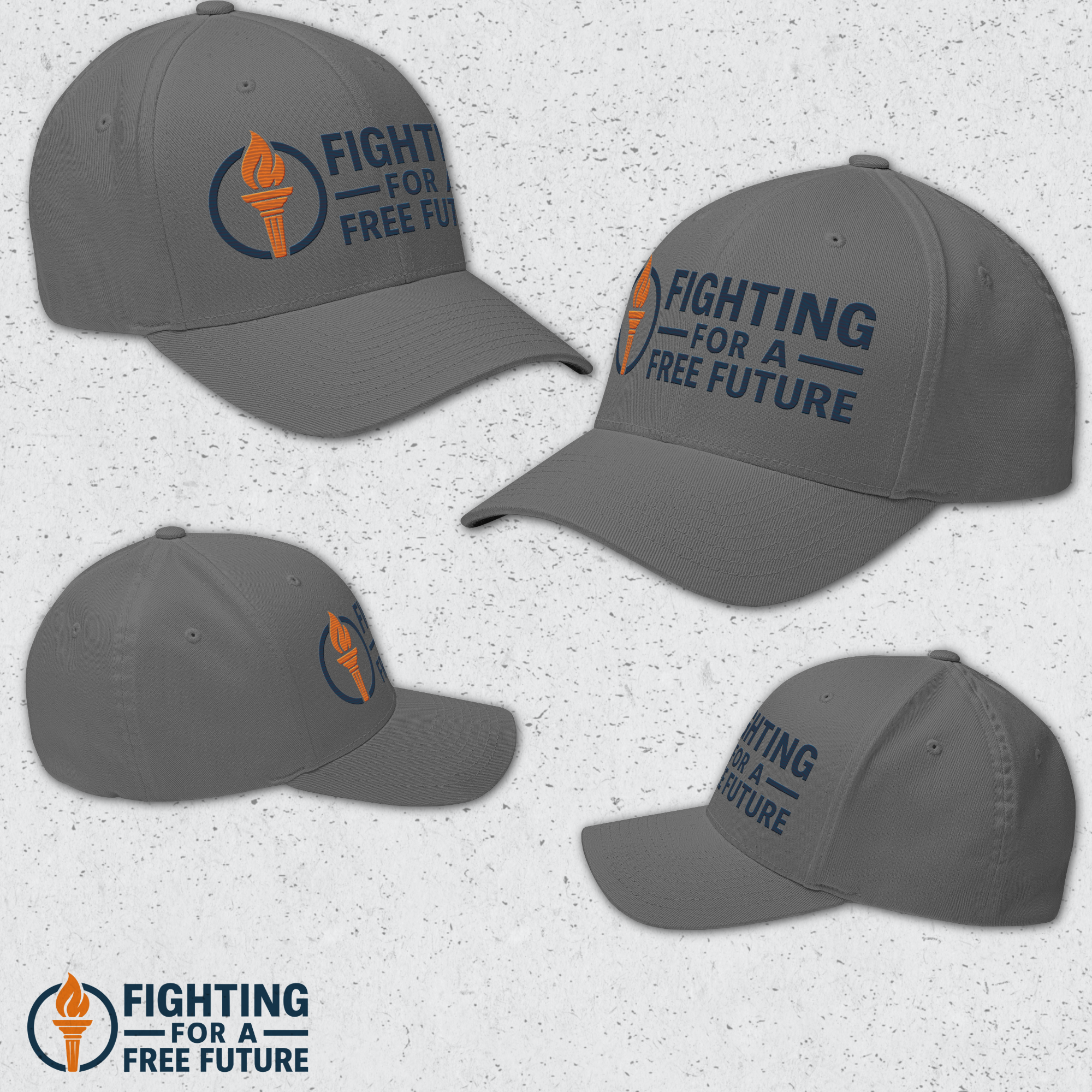 Gray hats with 'Fighting for a Free Future' text and logo on a light gray background