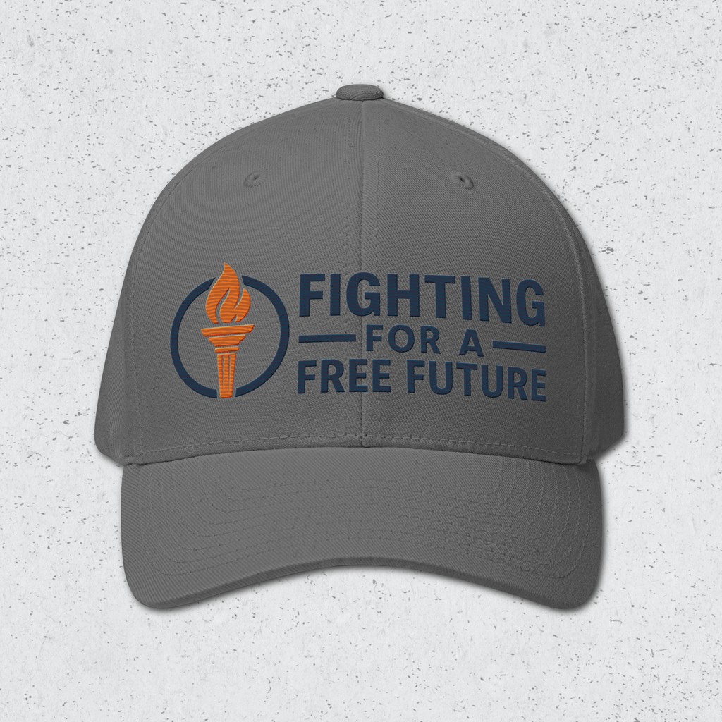 Gray cap with 'Fighting for a Free Future' text and logo on a textured gray background