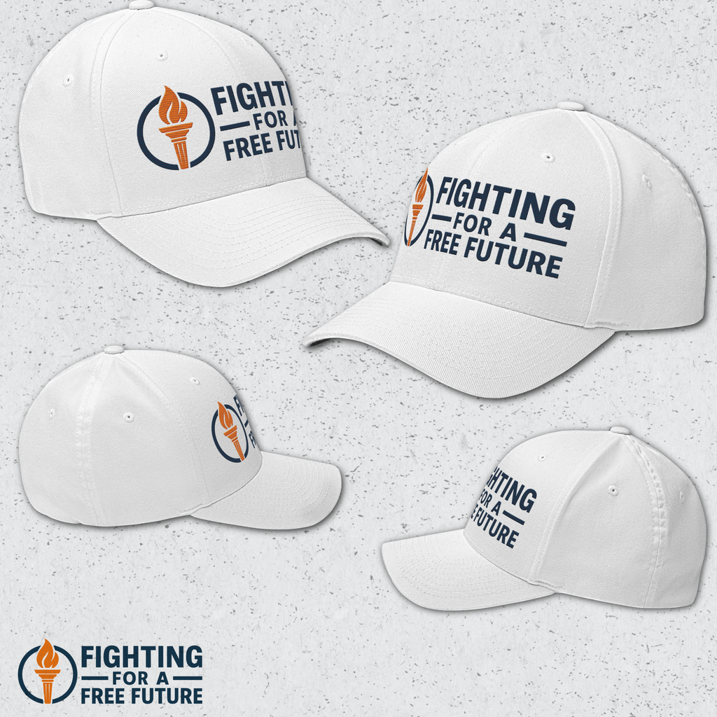 White baseball caps with 'Fighting for a Free Future' text and logo on a light gray background