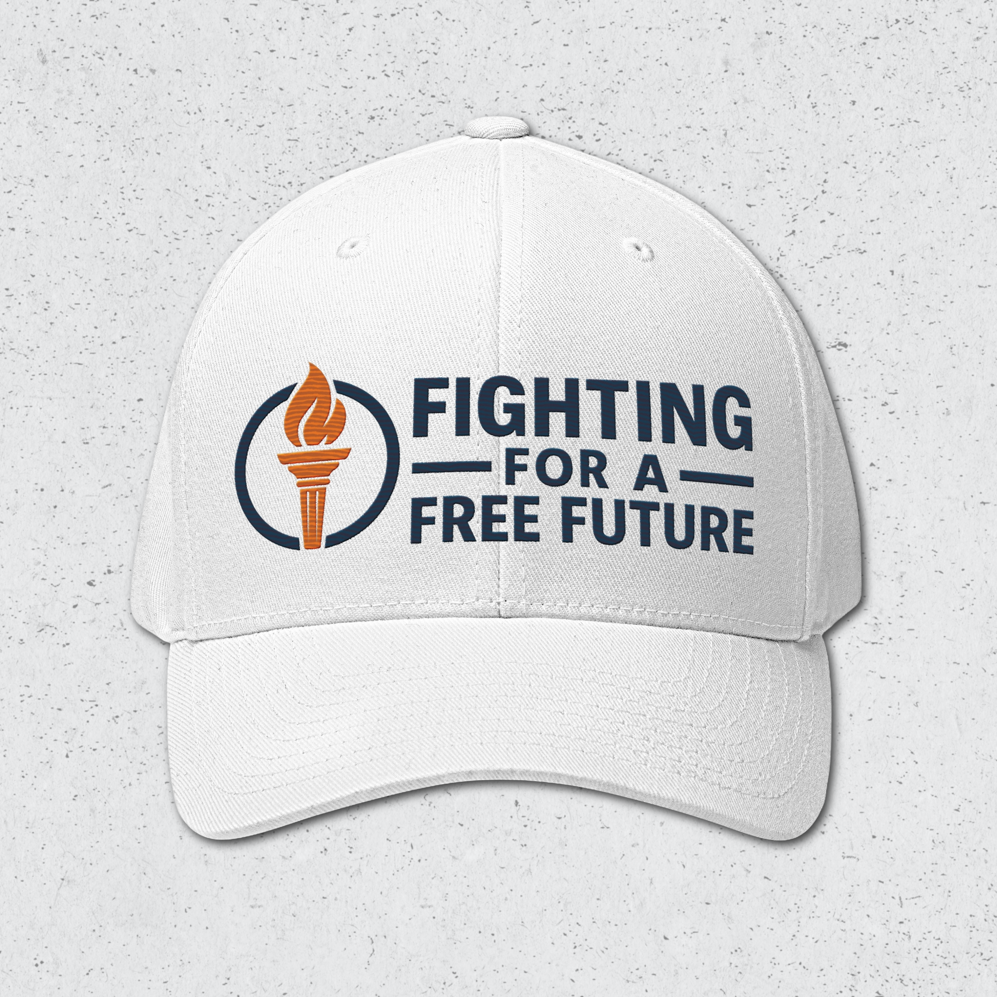White cap with 'Fighting for a Free Future' logo on a light gray background