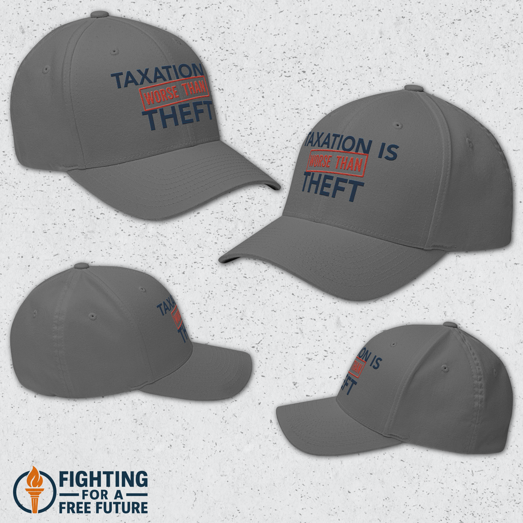 Gray hats with 'Taxation is Theft' text on a textured gray background, featuring the 'Fighting for a Free Future' logo.