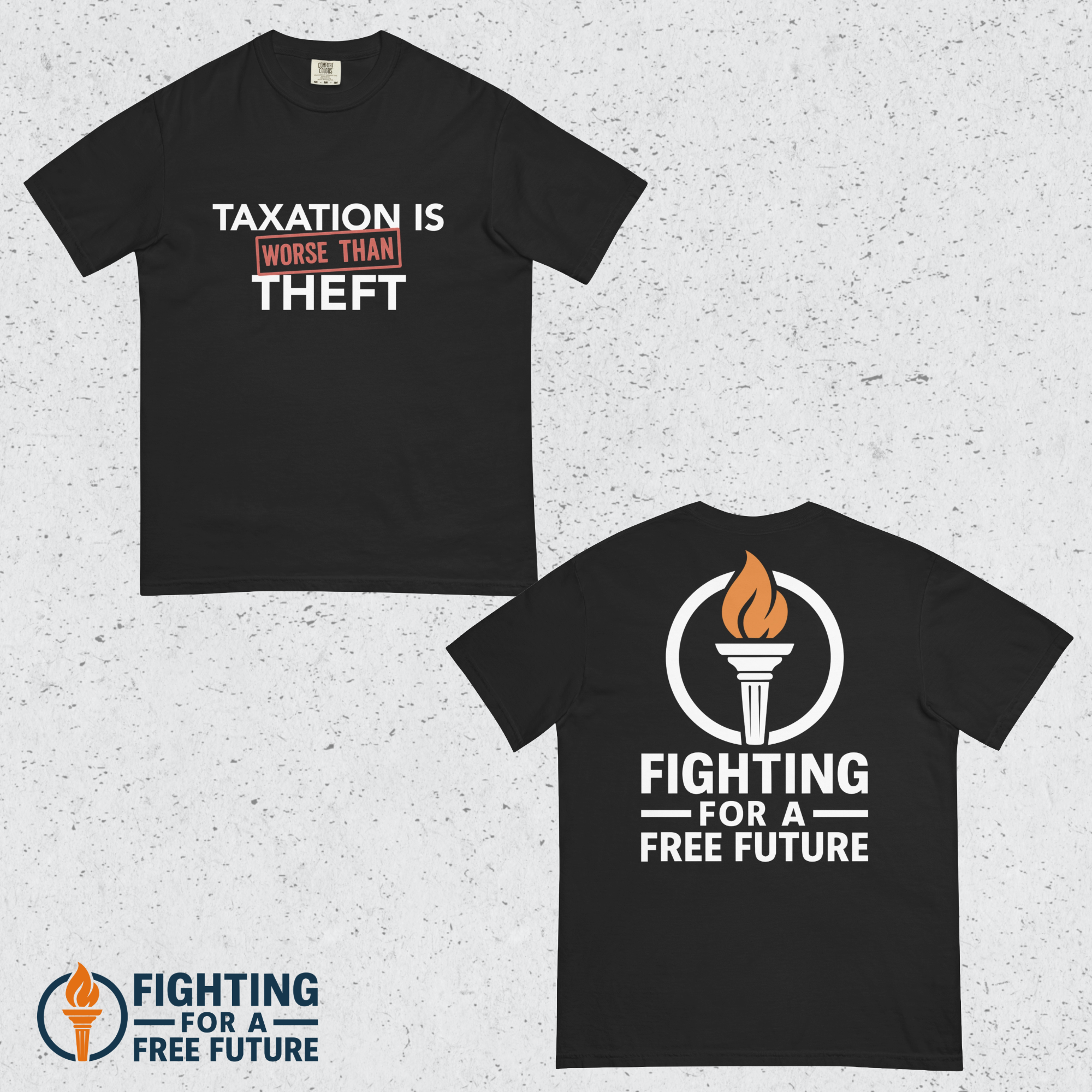 Two black t-shirts with political-themed designs on a textured gray background.