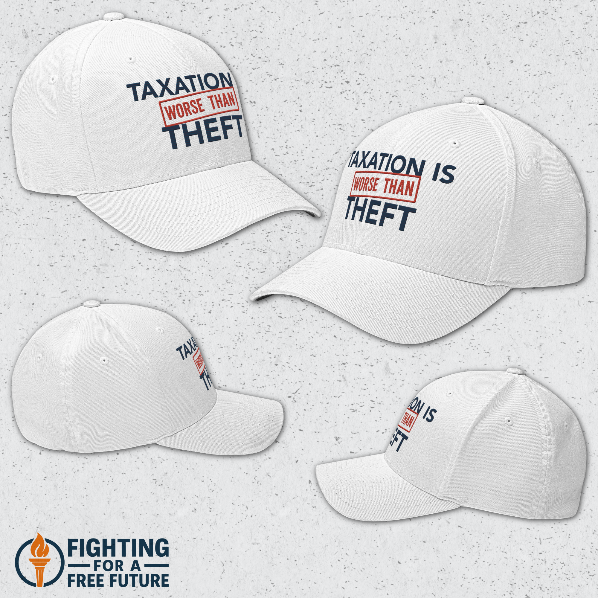 White baseball cap with 'Taxation is Worse Than Theft' text on a light gray background.
